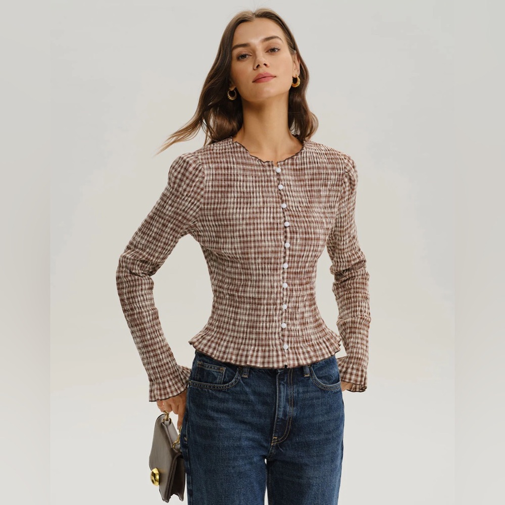 Brown Plaid Shirred Poet Sleeve Blouse